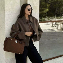 Kaerwx | Women’s Brown Woolen Short Jacket – Chic Street Style with Zipper Lapel