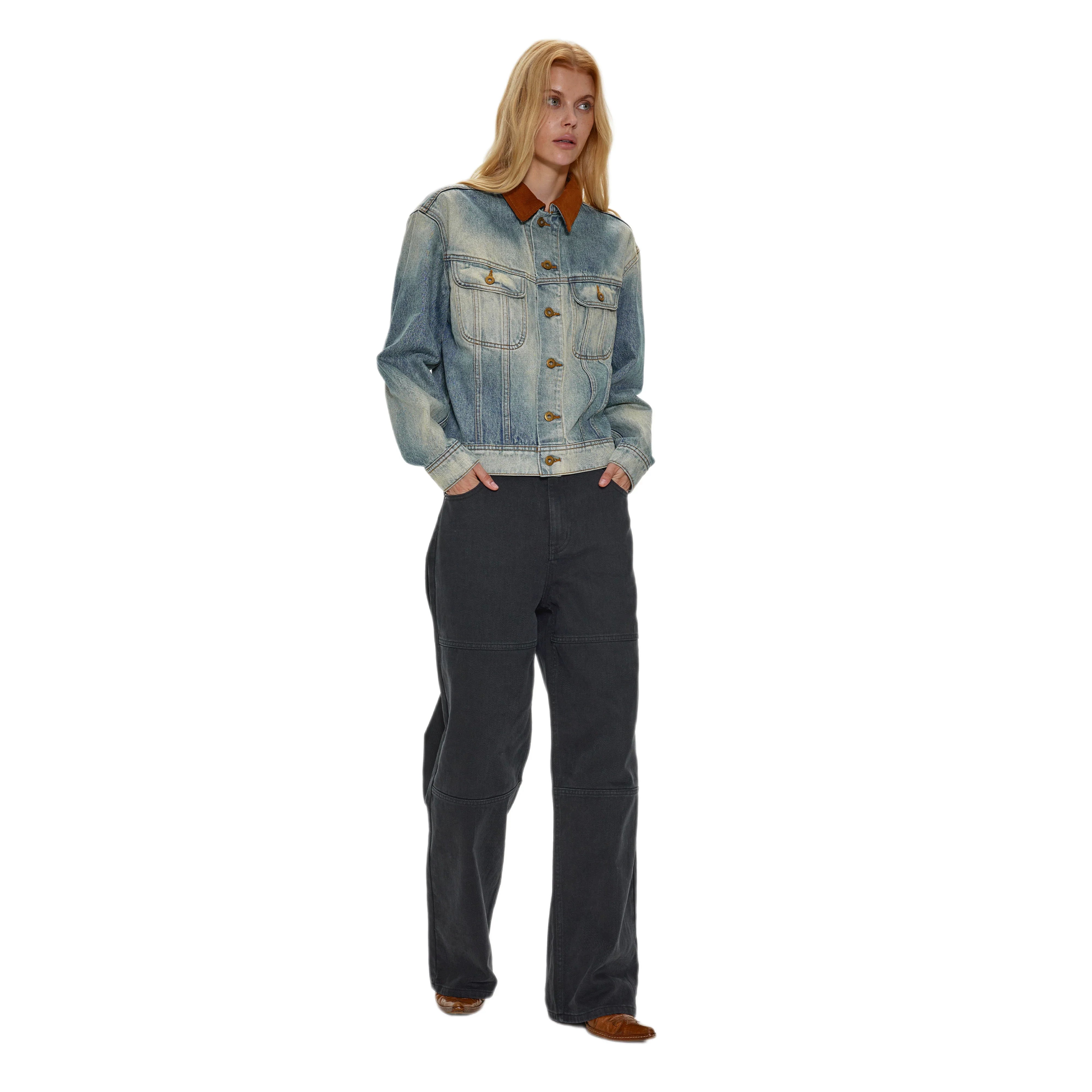 Kaerwx | Women’s Washed Blue Denim Jacket – Retro Off-Shoulder Corduroy Collar