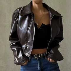 Kaerwx | Women’s Retro PU Leather Jacket – Short Casual Motorcycle Style