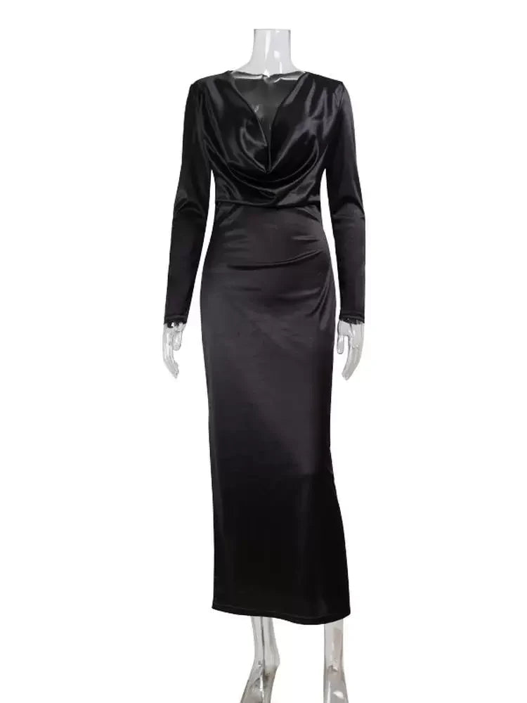 Kaerwx | Satin Long-Sleeve V-Neck Waist-Cinching Slim Dress