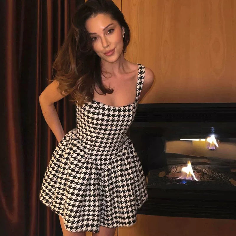 Kaerwx | Houndstooth One-Shoulder Backless Slim Suspender Dress