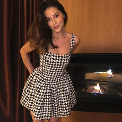 Kaerwx | Houndstooth One-Shoulder Backless Slim Suspender Dress