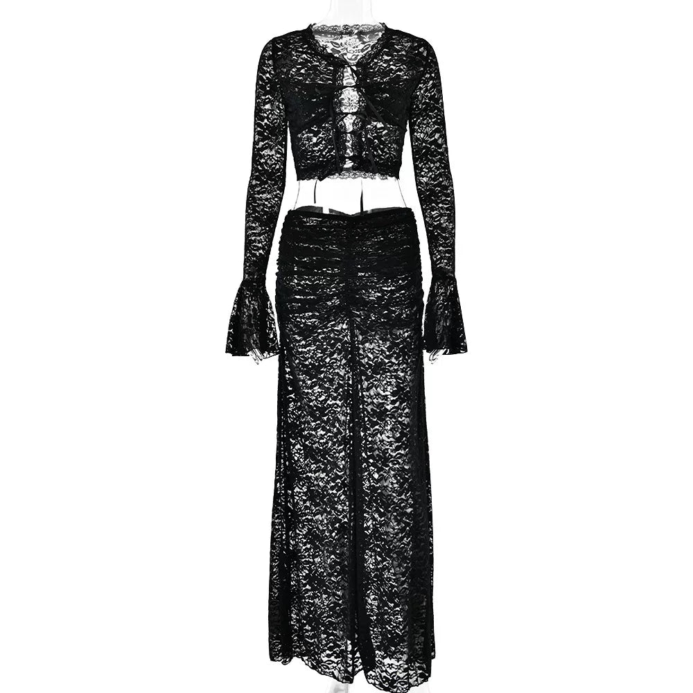 Kaerwx | Strappy Lace Top and High-Waist Long Skirt Set