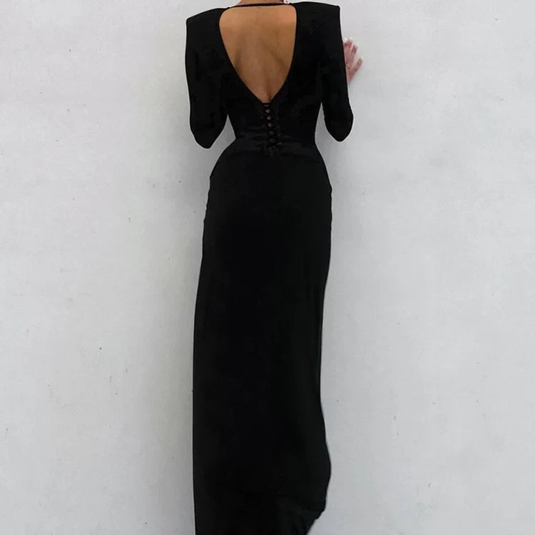 Kaerwx | V-Neck Long-Sleeve Waist-Cinching Dress with Slits