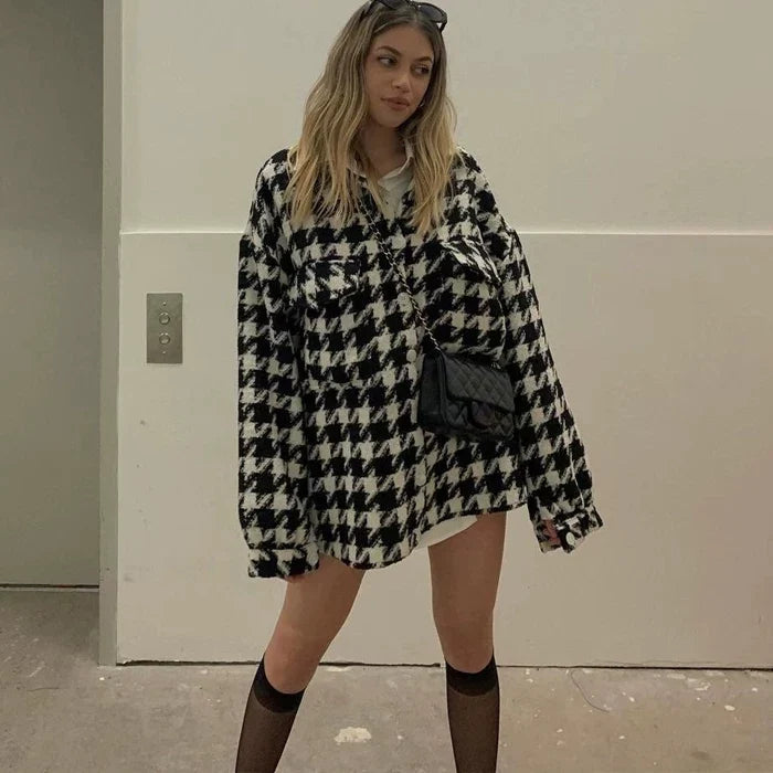 Kaerwx | Women’s Houndstooth Wool Coat Mid-Length Thick Autumn Winter