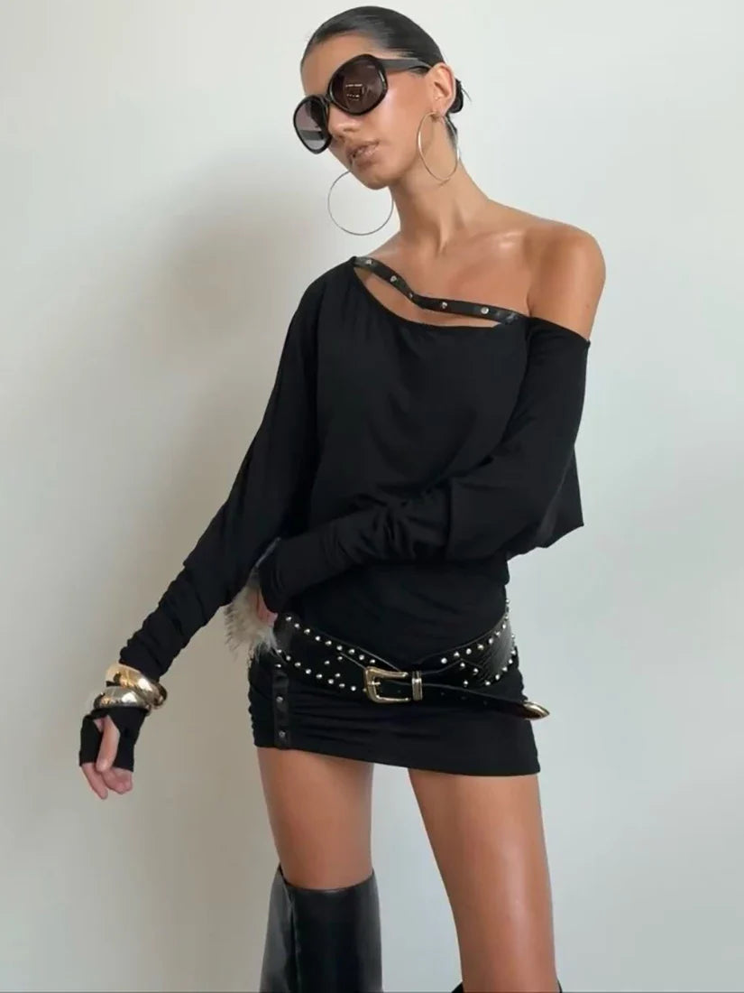 Kaerwx | One-Shoulder Rivet Pleated Long-Sleeve Dress for Women
