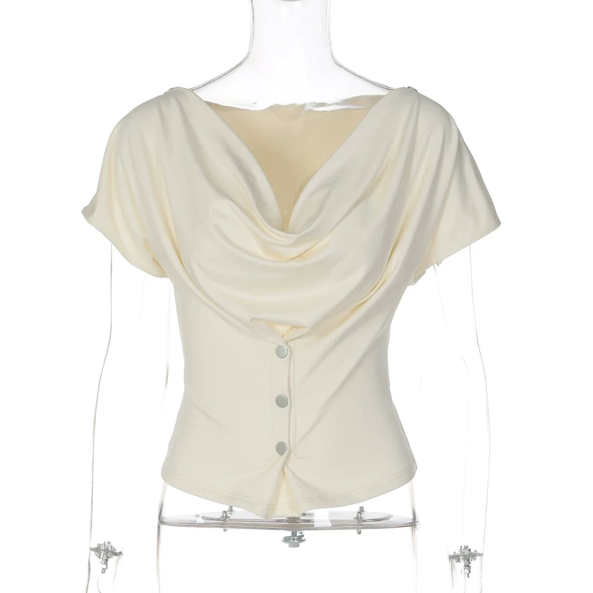 Kaerwx | Fold-Neck Short-Sleeve Buttoned Top for Women