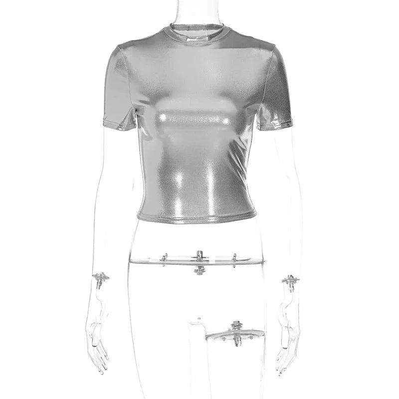 Kaerwx | Silver Short-Sleeve Metallic Crop Top for Women