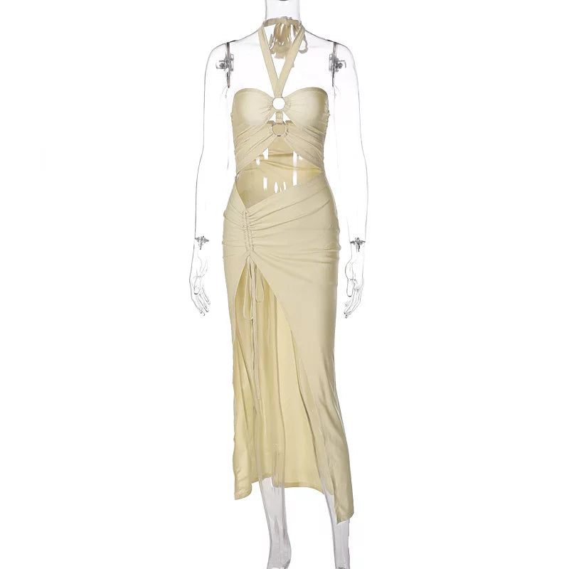 Kaerwx | Halter Neck Tie-Ring Hollow Slit Slim Dress