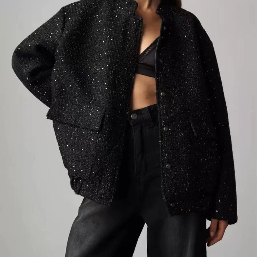 Kaerwx | Women’s Gold Sequin Jacket Loose Stand Collar