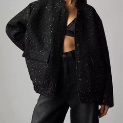 Kaerwx | Women’s Gold Sequin Jacket Loose Stand Collar