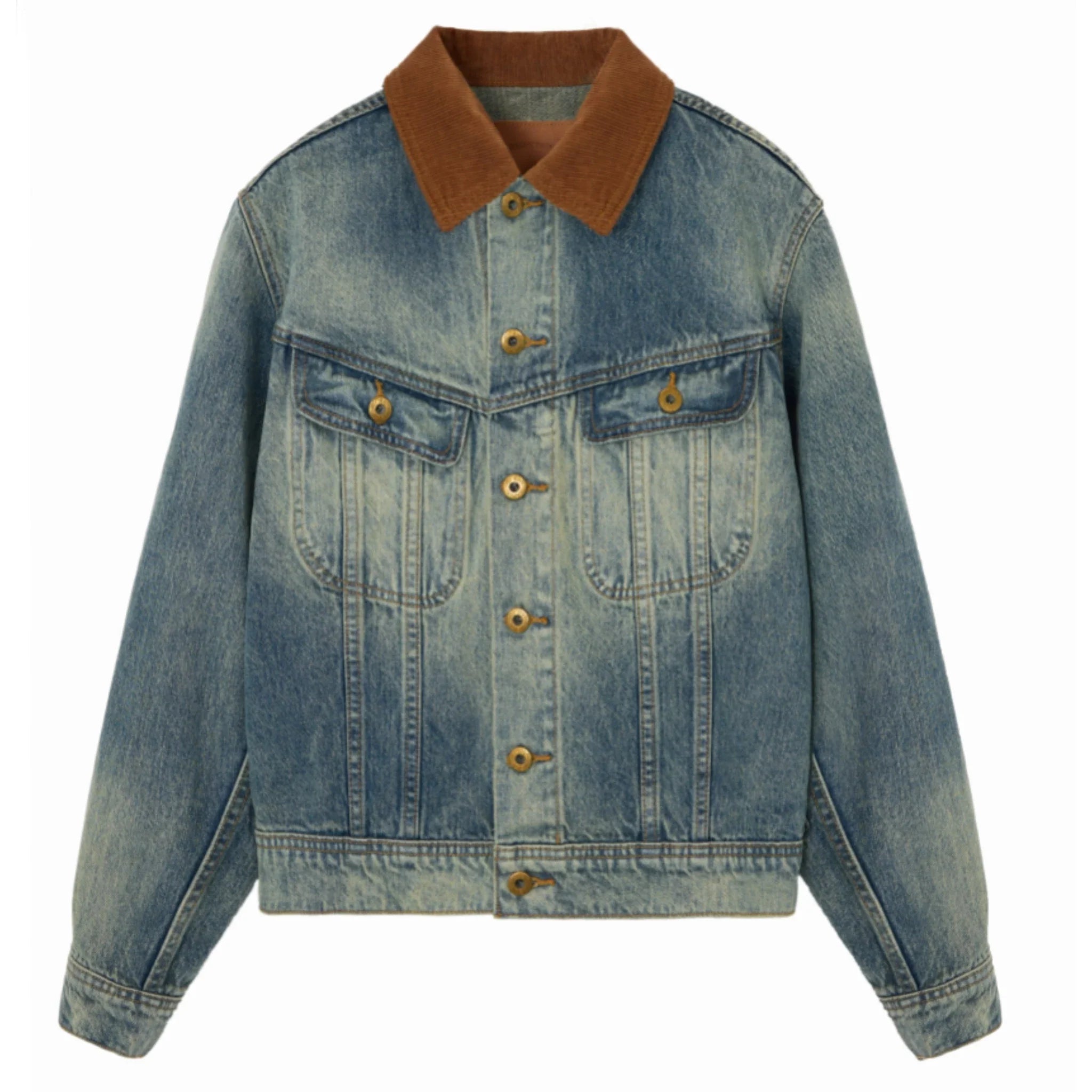 Kaerwx | Women’s Washed Blue Denim Jacket – Retro Off-Shoulder Corduroy Collar