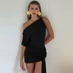 Kaerwx | Slanted Shoulder Slim Ribbon Short Dress for Women