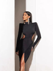 Kaerwx | High-Neck Backless Pleated Waist-Slim Long-Sleeve Short Dress