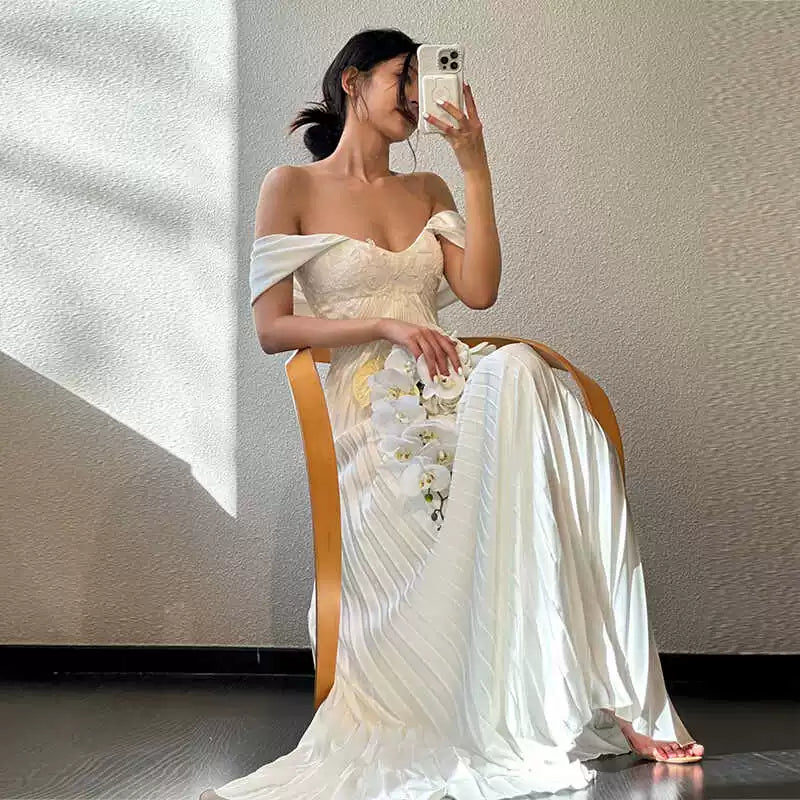 Kaerwx | Women’s One Shoulder Light Wedding Dress French Simple White Bridal Gown
