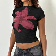 Kaerwx | Women’s Retro Y2K Floral Short Sleeve Crop T Shirt Slim Summer Top