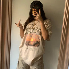 Kaerwx | Women’s Retro Sunset Short Sleeve Oversized T Shirt Street Style Top