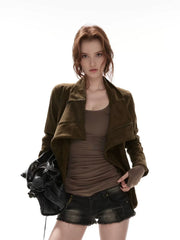 Kaerwx | Women’s Irregular Suede Jacket – Large Lapel Motorcycle Style