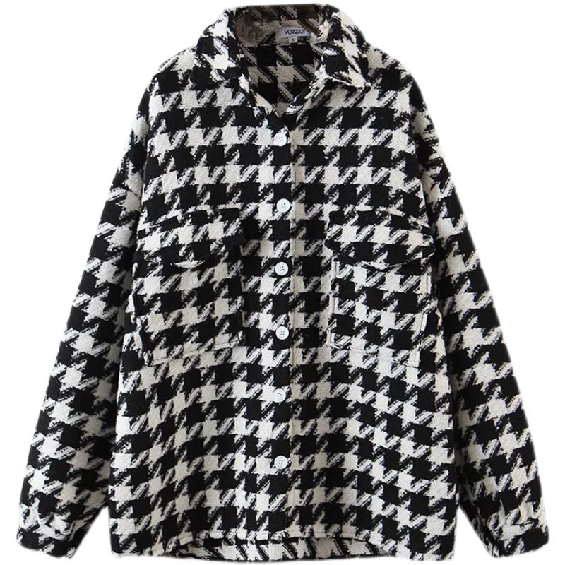 Kaerwx | Women’s Houndstooth Wool Coat Mid-Length Thick Autumn Winter