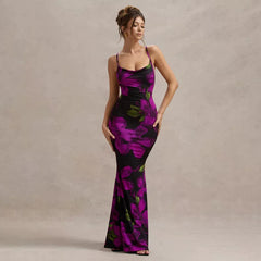 Kaerwx | Dark Purple Floral Cross-Strap Backless Dress for Women