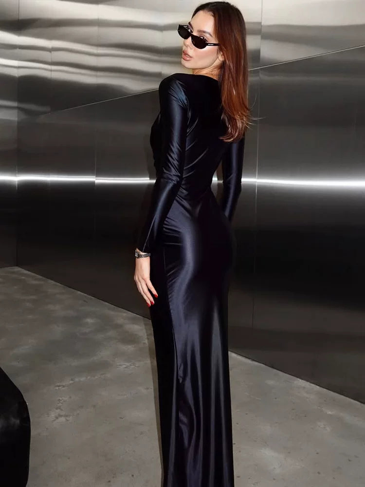 Kaerwx | Satin Long-Sleeve V-Neck Waist-Cinching Slim Dress