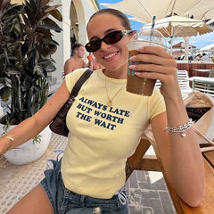 Kaerwx | Retro Sports Letter Print Round-Neck Short-Sleeve T-Shirt for Women