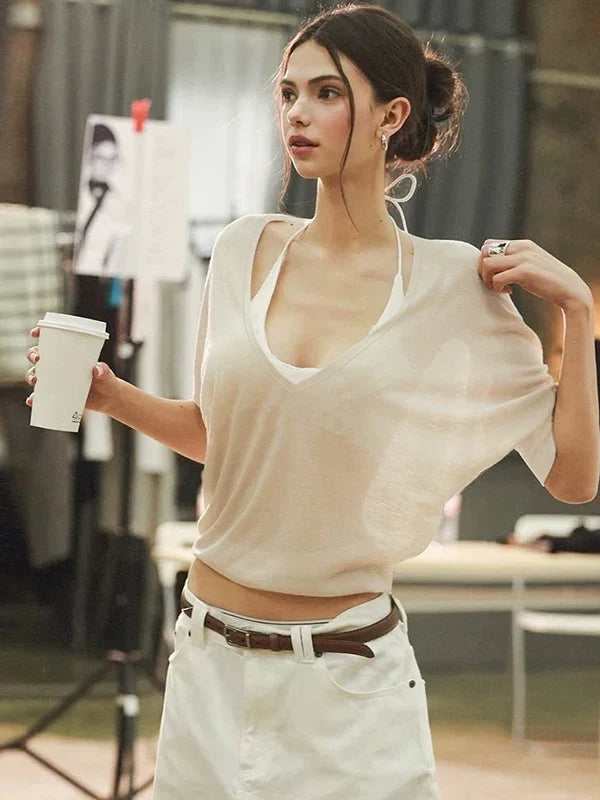 Kaerwx | V-Neck Long-Sleeve Loose Casual T-Shirt for Women