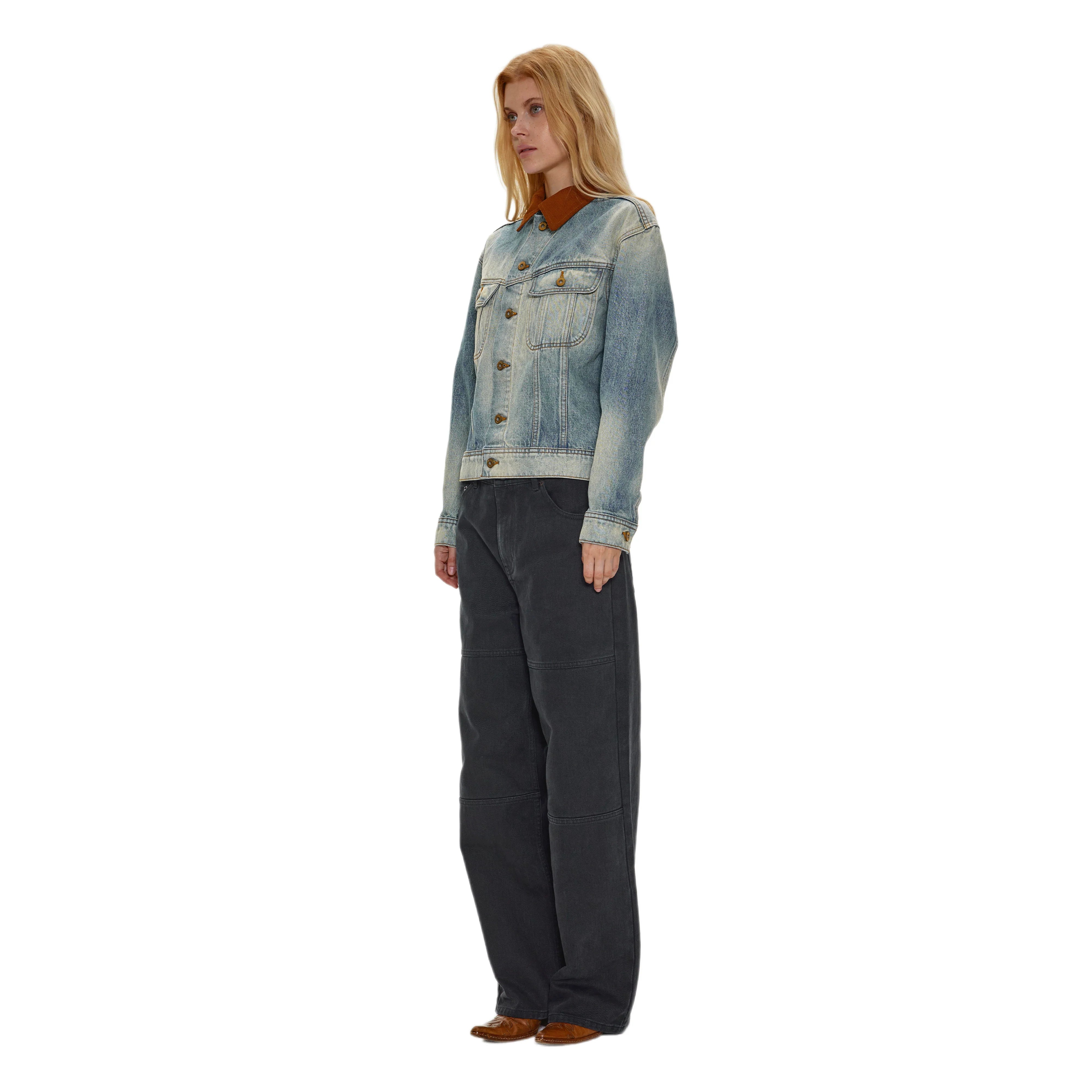 Kaerwx | Women’s Washed Blue Denim Jacket – Retro Off-Shoulder Corduroy Collar