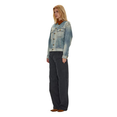 Kaerwx | Women’s Washed Blue Denim Jacket – Retro Off-Shoulder Corduroy Collar