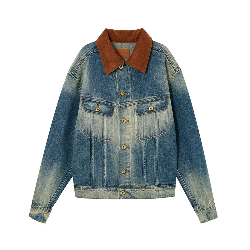 Kaerwx | Women’s Washed Blue Denim Jacket – Retro Off-Shoulder Corduroy Collar