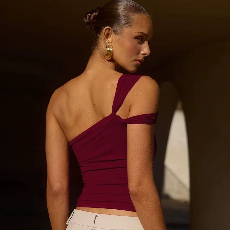 Kaerwx | Irregular Strap Off-Shoulder Pleated Top for Women