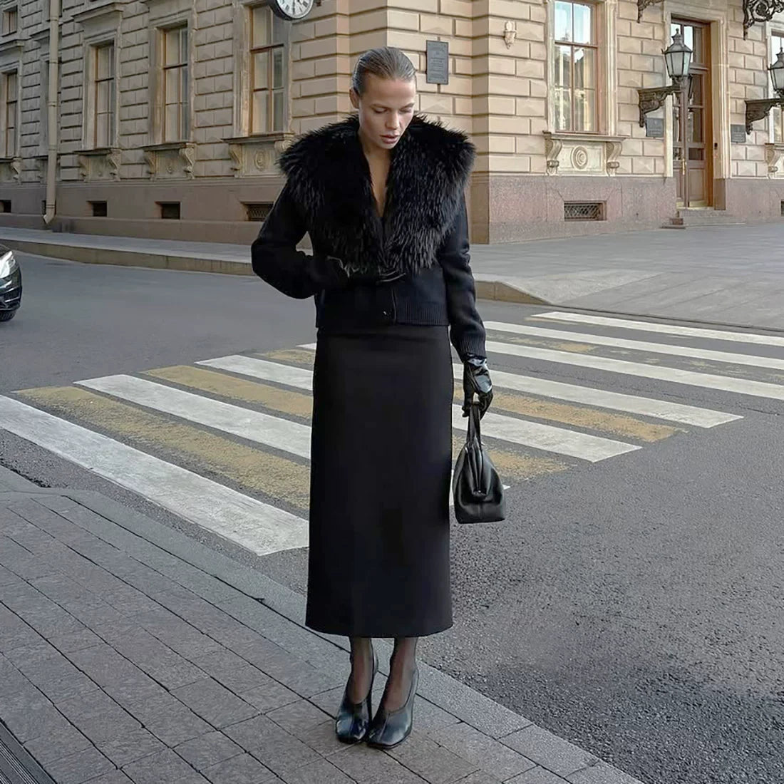 Kaerwx | Women’s Street Style Fur Collar Long Sleeve Slim Coat Fashion Outerwear