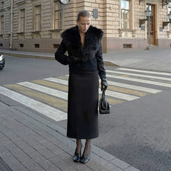 Kaerwx | Women’s Street Style Fur Collar Long Sleeve Slim Coat Fashion Outerwear