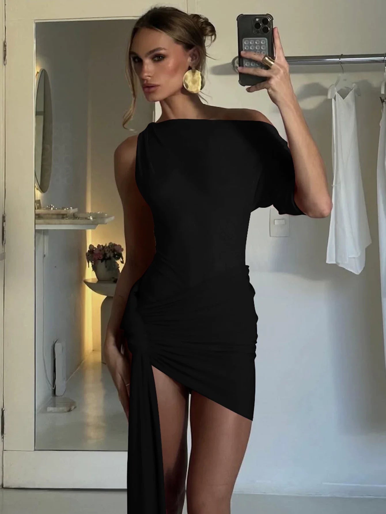 Kaerwx | Slanted Shoulder Slim Ribbon Short Dress for Women