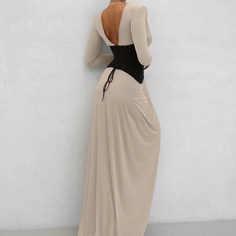 Kaerwx | V-Neck Long-Sleeve Waist-Cinching Dress with Slits