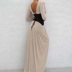 Kaerwx | V-Neck Long-Sleeve Waist-Cinching Dress with Slits
