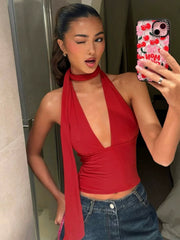 Kaerwx | Deep V Halter Backless Short Top for Women