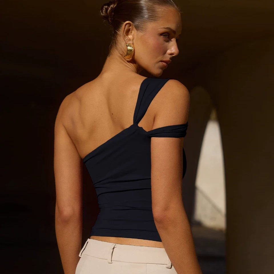 Kaerwx | Irregular Strap Off-Shoulder Pleated Top for Women