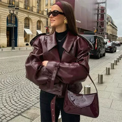 Kaerwx | Women’s Red Leather Jacket – Retro Motorcycle Street Style Short Coat