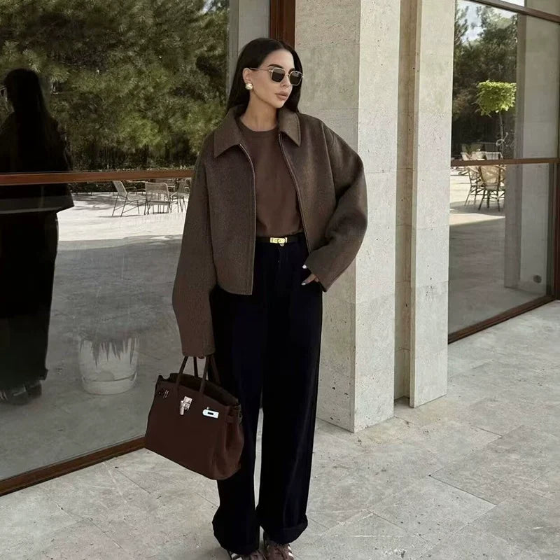 Kaerwx | Women’s Brown Woolen Short Jacket – Chic Street Style with Zipper Lapel