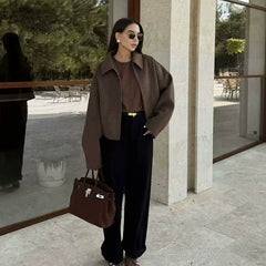 Kaerwx | Women’s Brown Woolen Short Jacket – Chic Street Style with Zipper Lapel