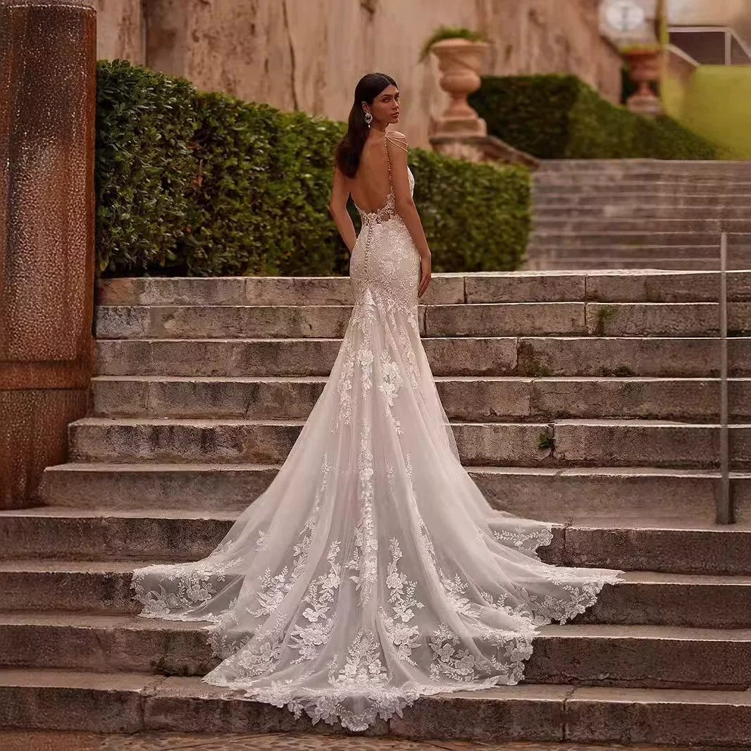 Kaerwx | Women’s Hollow Lace Mermaid Wedding Dress Thin Strap Evening Gown