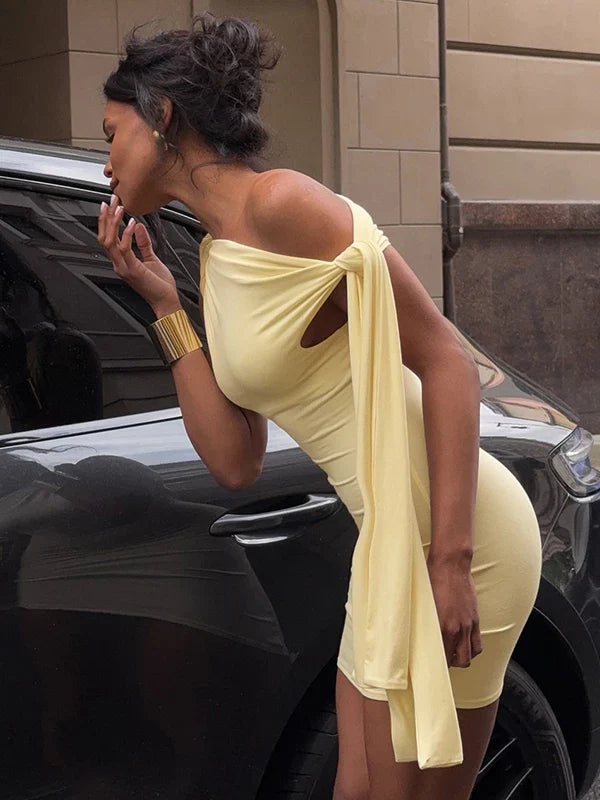 Kaerwx | Asymmetric Tie Off-Shoulder Suspender Slim Solid Color Hip Dress