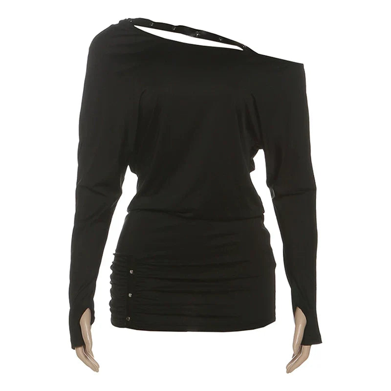 Kaerwx | One-Shoulder Rivet Pleated Long-Sleeve Dress for Women