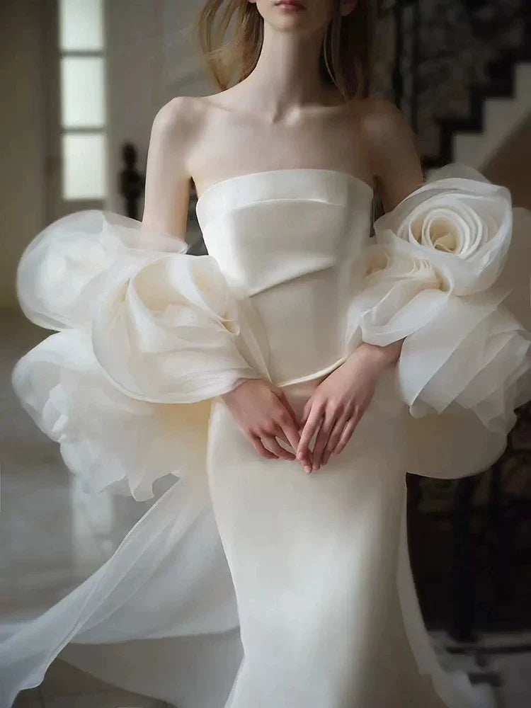 Kaerwx | Women’s Strapless French Luxury Wedding Dress Heavy Detail Floral Train