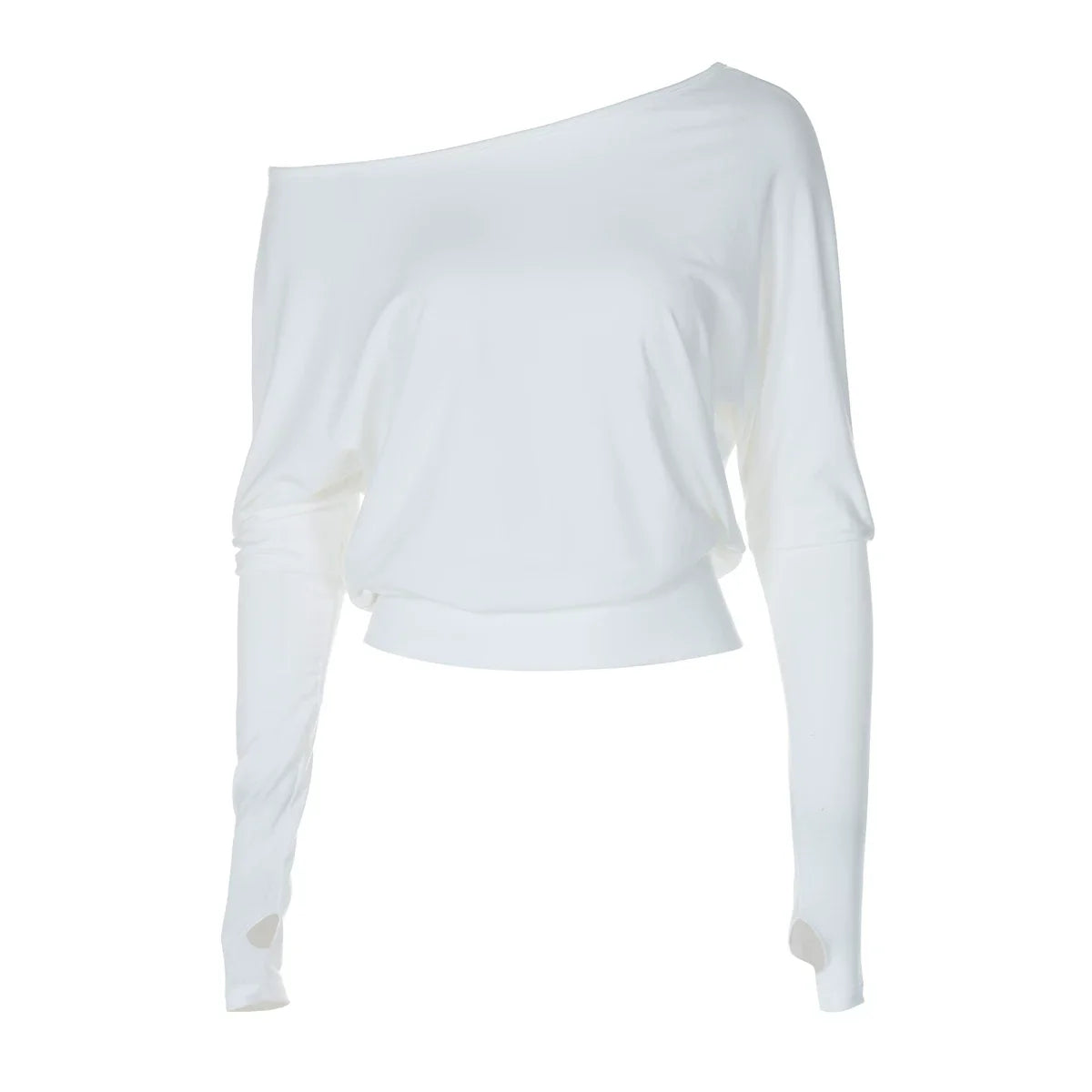 Kaerwx | Off-Shoulder Slant Collar Fingerless Long-Sleeve Top with Elastic Waist for Women