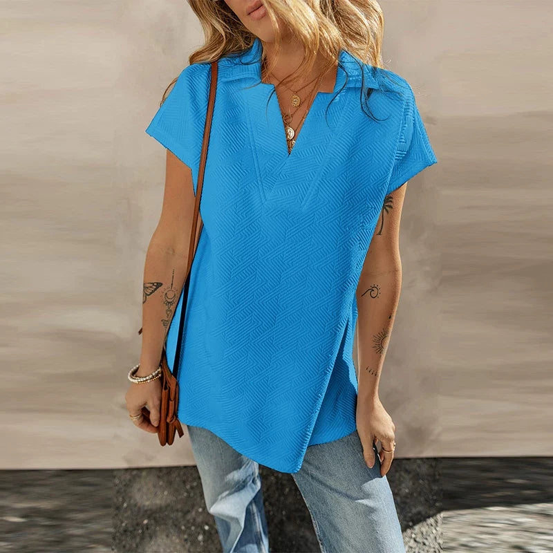 Kaerwx | Solid Color V-Neck Short-Sleeve T-Shirt with Hem Slit for Women