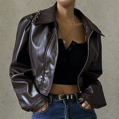 Kaerwx | Women’s Retro PU Leather Jacket – Short Casual Motorcycle Style