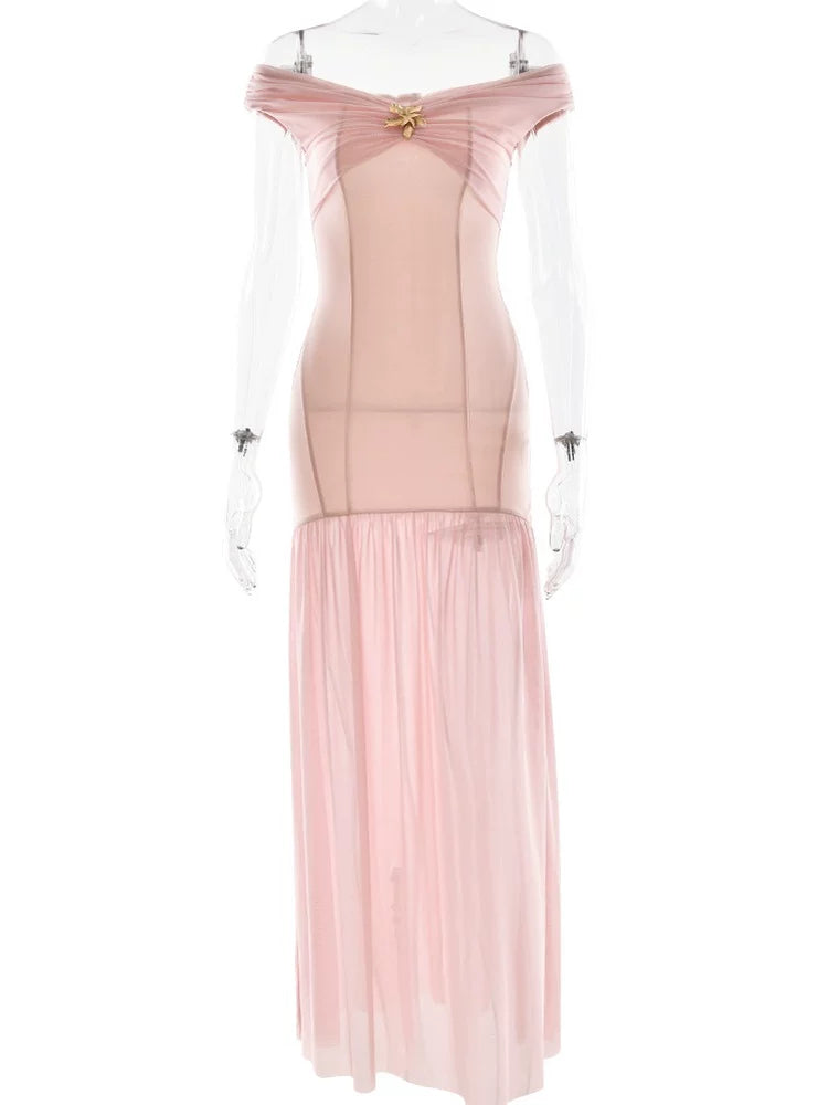 Kaerwx | One-Shoulder Tube Top Mesh Splice Backless Pleated Dress