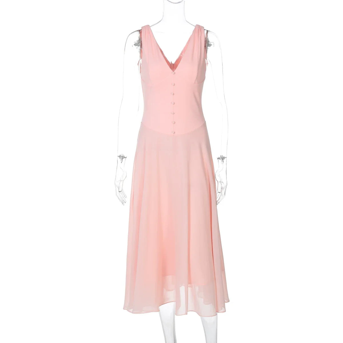 Kaerwx | Deep V-Neck Satin Back-Zip Mesh Splice Suspender Long Dress